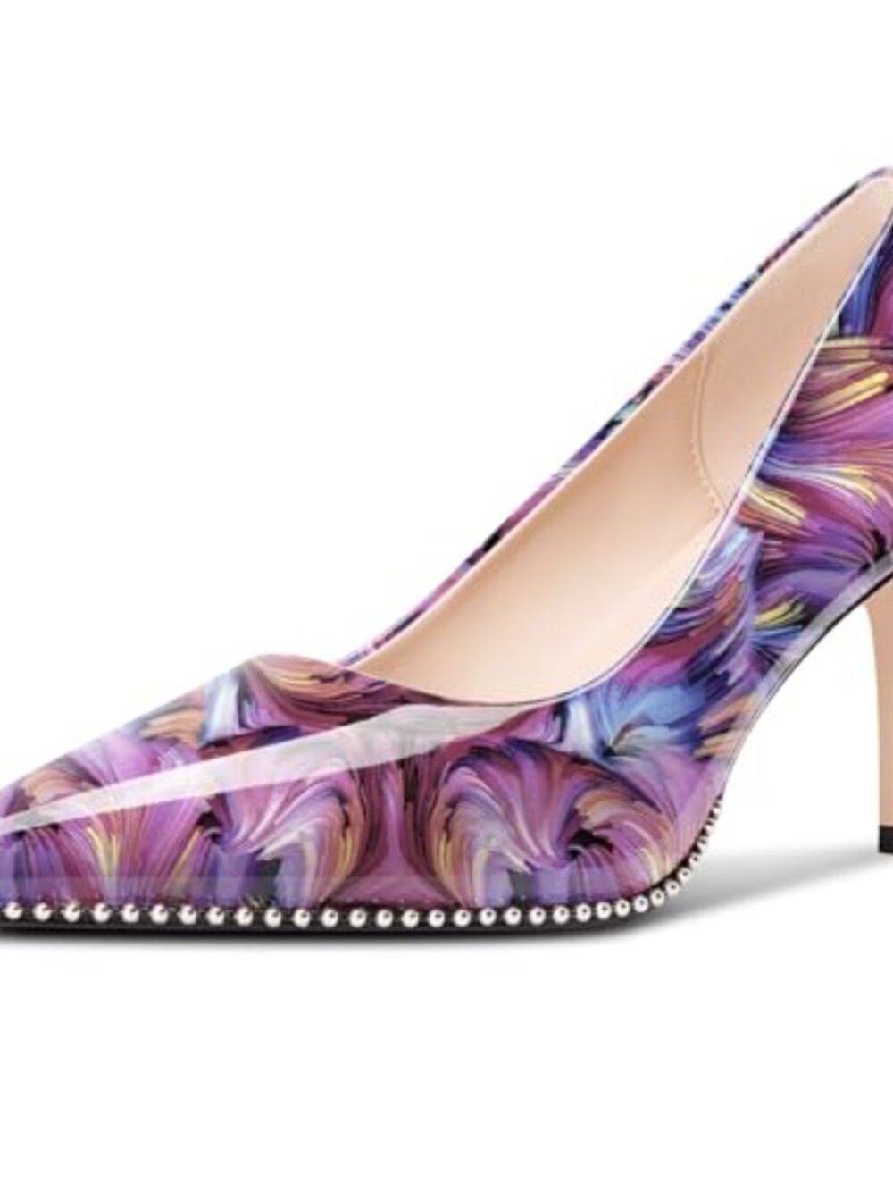 Beaded Pointed Toe Slip On Stiletto Heels Patent Leather 3.2 Inch Party Dress
